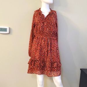 Skies are Blue leopard print dress with gold shimmer, long sleeve, S, coral